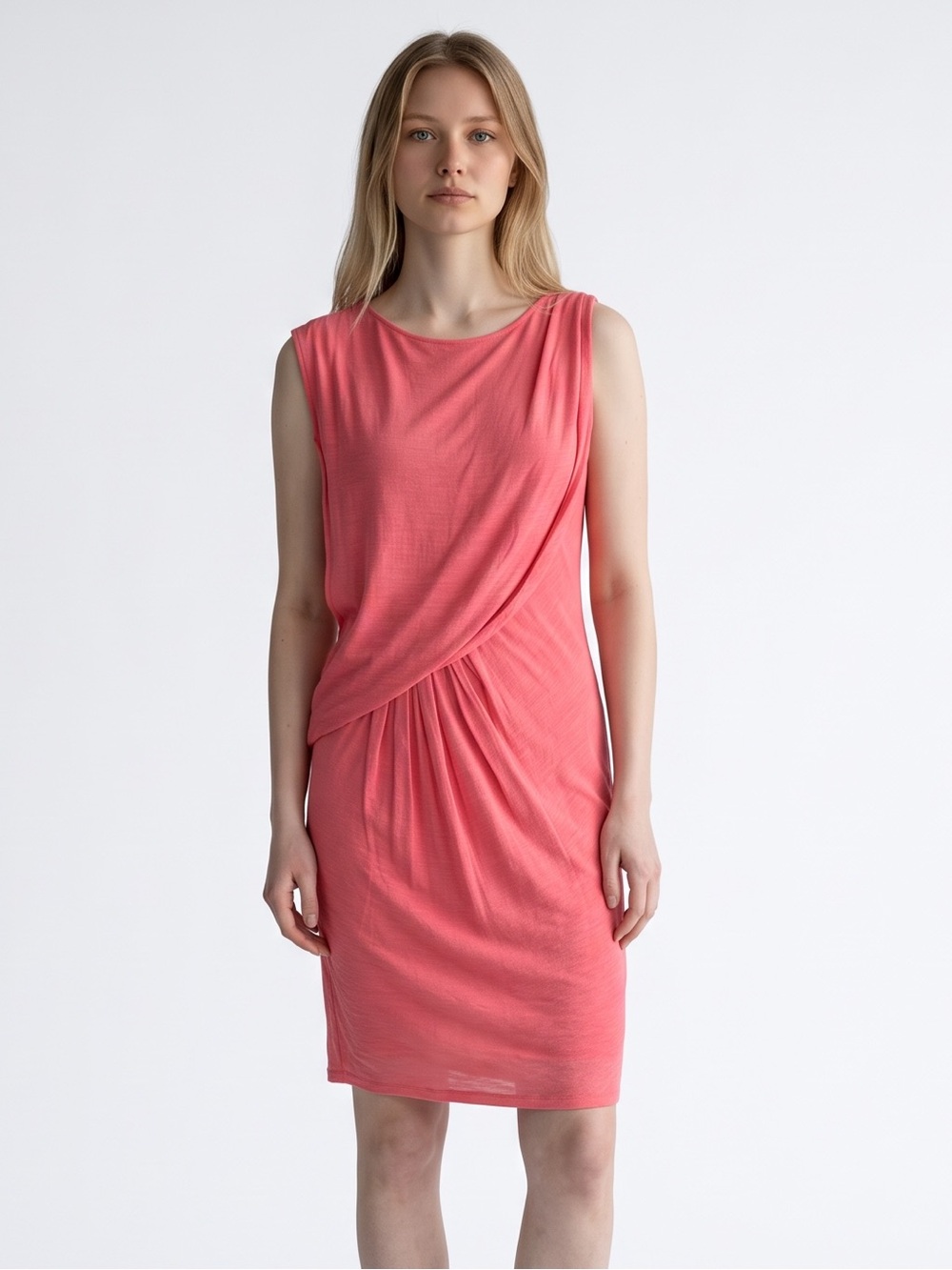 Maggy London Vintage Y2K Sleeveless Coral Draped Dress. Feminine. Midi. Size 4